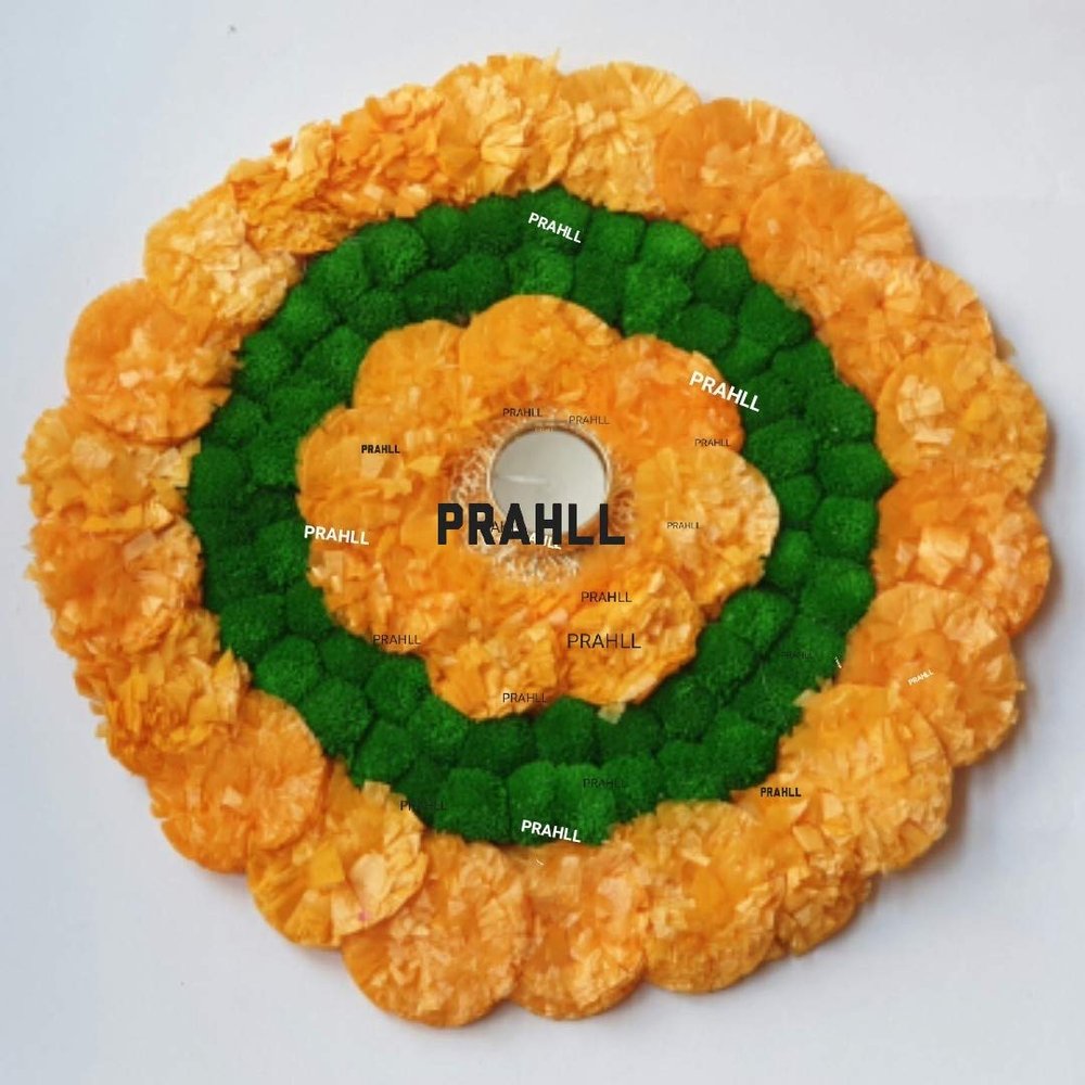 PRAHLL Designer Rangoli Tlite Artificial Marigold Flower Mat on Canvas (12 inch Diameter, with Tlite Holder and Tlite) (Orange & Green)
