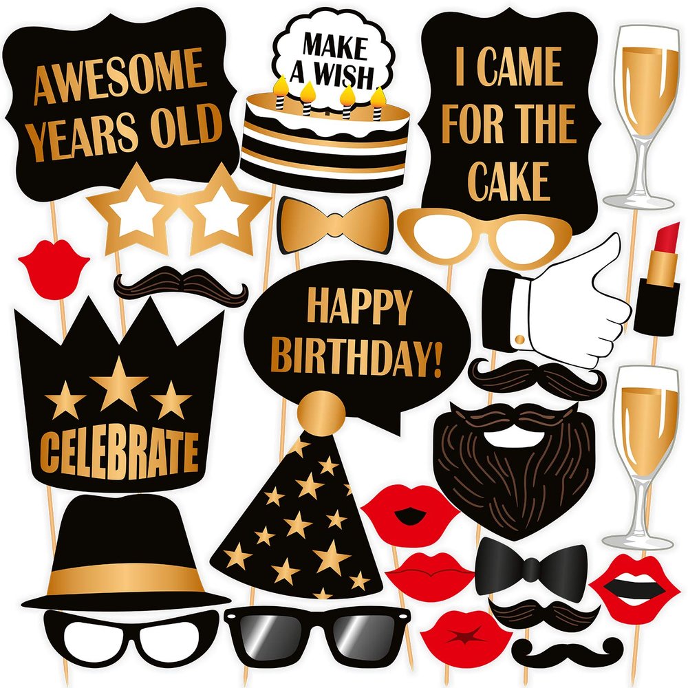 SYGA Black and Golden Birthday Party Photo Booth Props Craft Item (Set of 27)