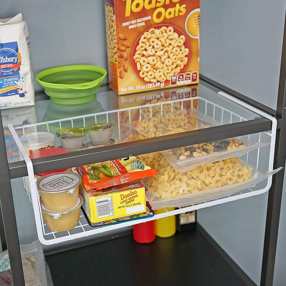 FWQPRA Rectangular Under Shelf Basket Under Cabinet Basket Under Shelf Storage Under Shelf Wire Rack Basket Color White 1 Pcs(16 Inch,40 X 24 X 10Cms), Stainless Steel, Hanging Shelves