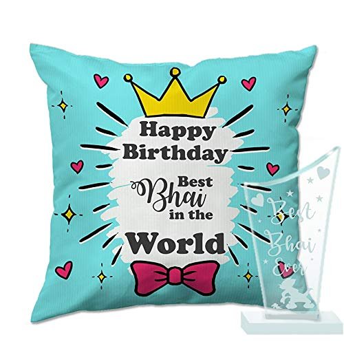PAPER PLANE DESIGN Happy Birthday Gift for Brother Combo of Trophy + Cushion + Filler