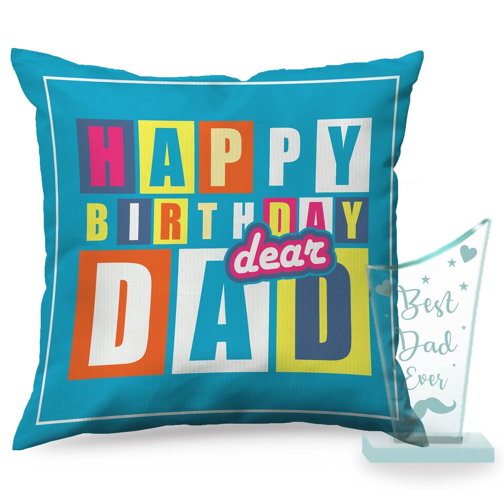 PAPER PLANE DESIGN Happy Birthday Combo of Trophy and 12 x 12 Inch Cushion with Filler (Father)