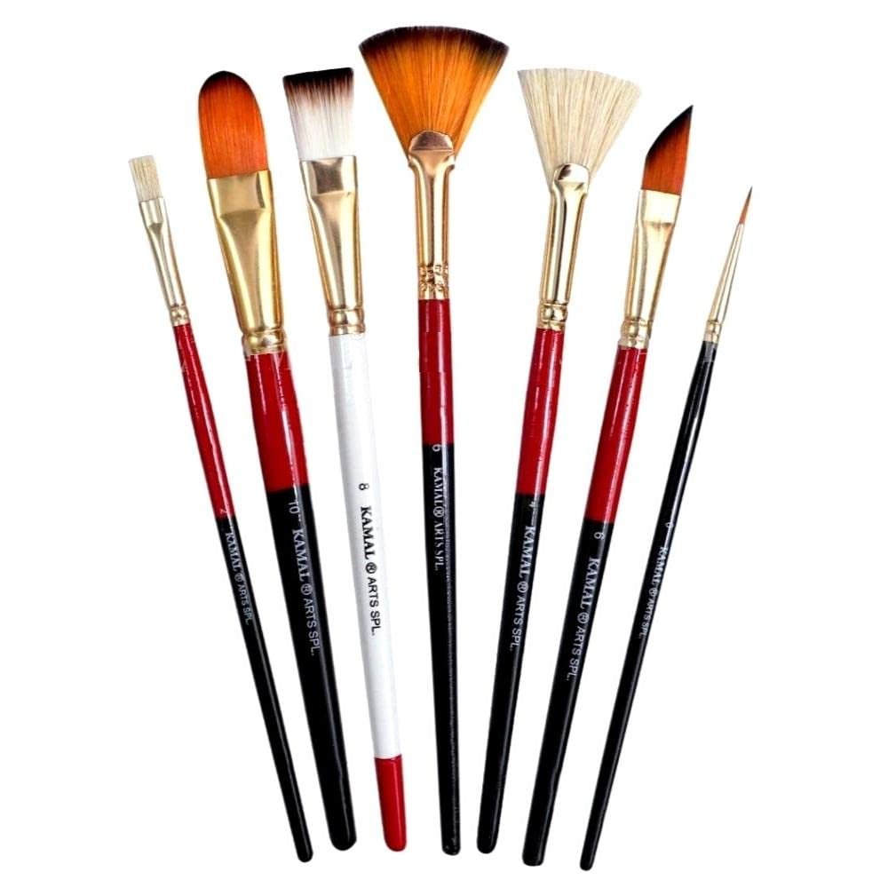 KAMAL Artist Quality Mix Brush Set for Acrylic Painting, Oil Painting (Available in Two Different Colors)(Wooden Handle ,Synthetic Bristles)