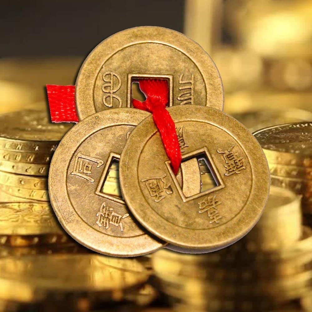 3 Lucky Coins Tied Red Ribbon Luck Wealth Feng Shui for Jinali Gems