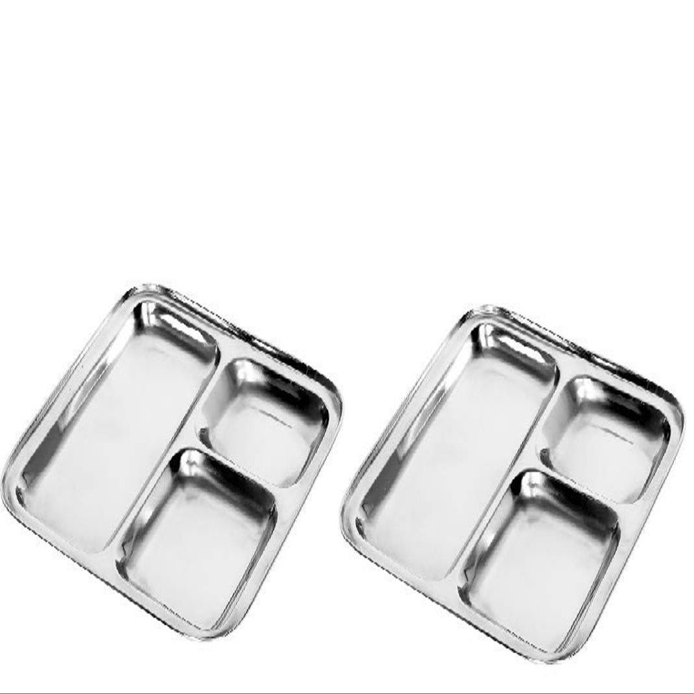 Uva World Stainless Steel Lunch Dinner Plate Bhojan Thali 3 in 1 Pav Bhaji Compartments Kitchen & Dining Gifts Accessories Set of 2