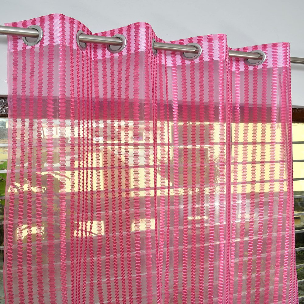 HOME UTSAV 2 Piece Sheer Strip Premium Tissue Net Polyester Curtains for Door 7 Feet, Pink