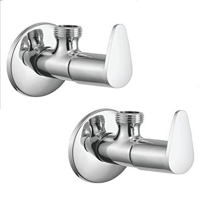 Kamal Full Brass Angle Cock Tab with Wall Flange - Vignette | Wall Mounted | Anti-Corrosive | Chrome Finish - Silver (Pack of 2)