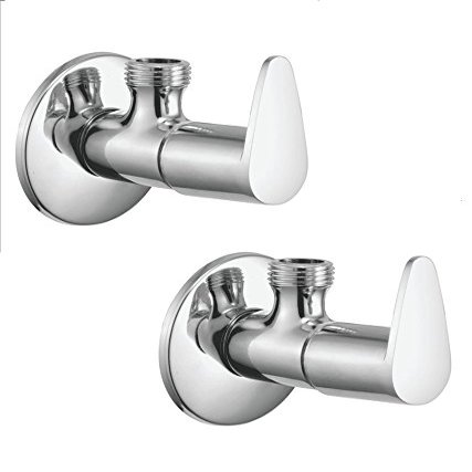 Kamal Full Brass Angle Cock Tab with Wall Flange - Vignette | Wall Mounted | Anti-Corrosive | Chrome Finish - Silver (Pack of 2)