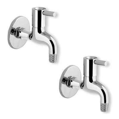 Kamal Full Brass Nozzle Bib Cock with Wall Flange - Dixy (DXY-2216) | Wall Mount Installation | Chrome Finish - Silver (Pack of 2)
