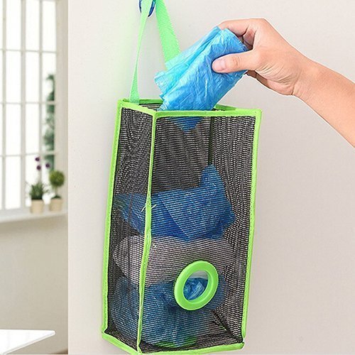 The Creative india Plastic Bag Holder,Hanging Storage Mesh Garbage Dispensers Folding Trash Bags Holder Organizer Recycling Shopping Pocket Hanging Containers for Kitchen Bathroom Office