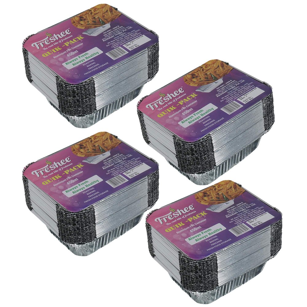 Freshee Aluminium Foil Container with Lid Silver Disposable Foil Container 450 ml Foil Container for Food Packing Baking- Pack of 4, 25 pcs Each Pack