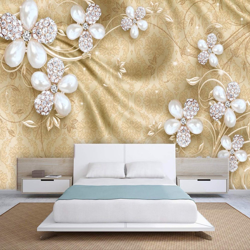 999Store 3D Print Latest Door Living Room Bed Room Home Hall Wall 3d wallpaper for walls Floral Flower White Flowers and Golden Pattern wallpaper for walls ( Vinyl Self Adhesive 48X36 Inches ) NonW430399
