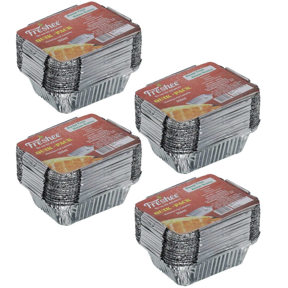 Freshee 250ml Disposable Aluminum Foil Containers with Lids, Pack of 100 (4x25 Pcs) Heavy-Duty Food Grade Trays for Baking, Meal Prep, Catering, Freezer Storage, Oven Safe Recyclable Takeaway Trays