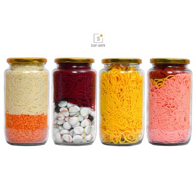 STAR WORK 1000 Gram Glass Jar with Air Tight Gold Lid for Kitchen Dried Masla Storage Jar,Honey Jar,Jar and Container,Spice Masala Jar,Glass,Visible Glass Jar for Kitchen Storage Set of (4)