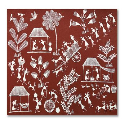 Tamatina Warli Art Canvas Painting-Scene of A Village -Tribal Art|Tribal Painting for Wall