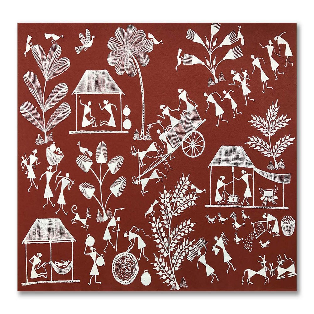 Tamatina Warli Art Canvas Painting-Scene of A Village -Tribal Art|Tribal Painting for Wall