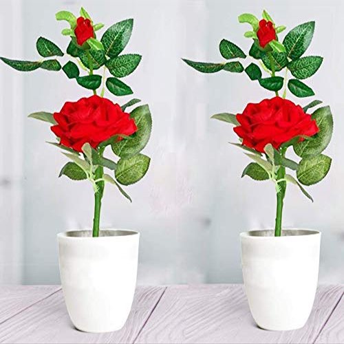 Litleo Artificial Rose Flower Plant with Pot (Yellow Flowers, 2 Pieces)