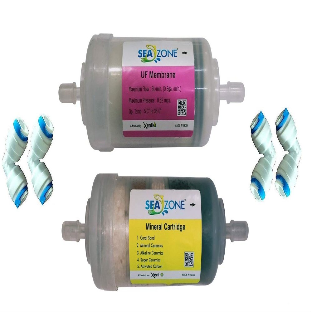 Seazone Set of 4 inch UF Membrane Hollow Fiber 0.001 Micron, 5 Stage Mineral Cartridge and 4 Piece Push Fit Elbow for RO Water Purifiers