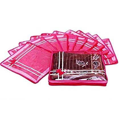 Cloudreteil Avanti Creation Non Wooven Pink Transparent Single Packing Saree Cover with Fancy Bow Lehenga Cover Saree Cover Bag Pack of (15)