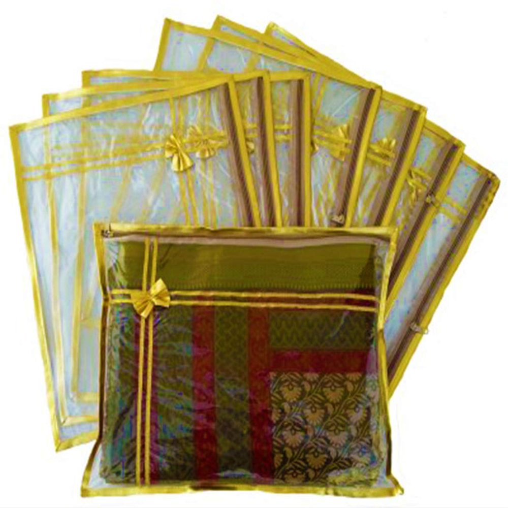 Cloudreteil Avanti Creation Transparent Golden Saree Cover with Fancy Bow Single Packing Saree Cover Lehenga Cover Saree Cover Bag Pack of (3)