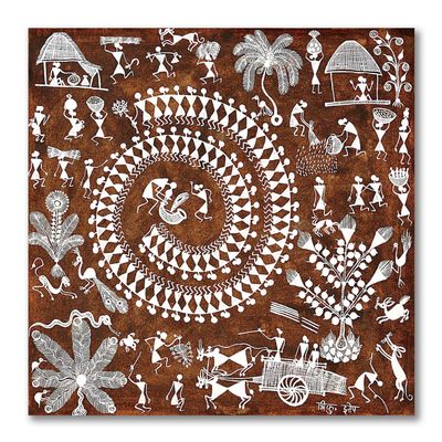 Tamatina Warli Art Canvas Painting for Home, Living Room, Bedroom, Hall | Tribal Painting for Home Decor | Size - 13 x 13 Inches/ 33 x 33 Cms