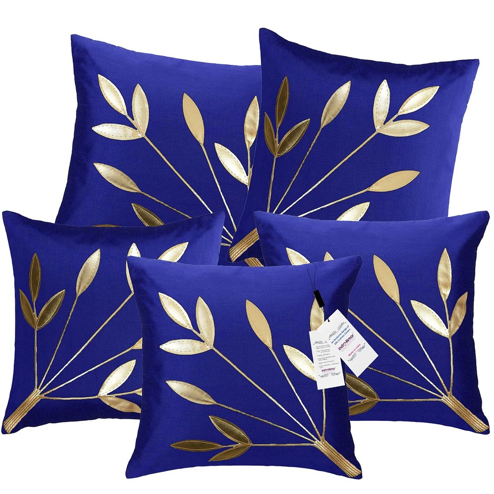 indoAmor Silk Cushion Cover, Golden Leaves Floral Design (Royal Blue, 16x16 Inches) Set of 5 Covers
