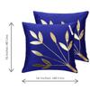 indoAmor Silk Cushion Cover, Golden Leaves Floral Design (Royal Blue, 16x16 Inches) Set of 5 Covers view 2