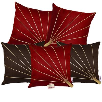 indoAmor Stripes Pattern Silk Cushion Covers (Maroon & Brown, 16x16 inches) - Set of 5 Pieces