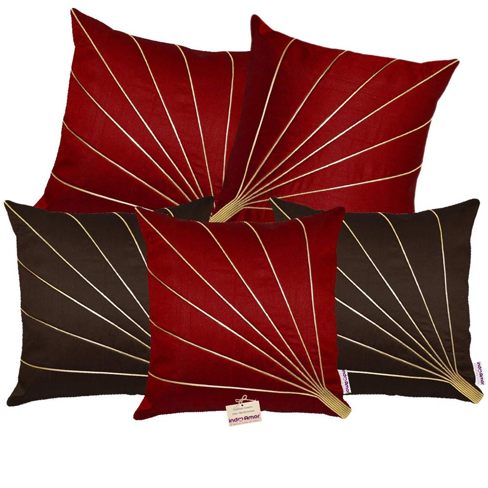 indoAmor Stripes Pattern Silk Cushion Covers (Maroon & Brown, 16x16 inches) - Set of 5 Pieces