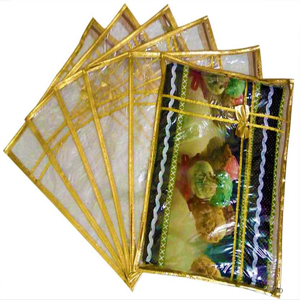 Avanti Creation Cloudreteil Transparent Golden Saree Cover with Fancy Bow Single Packing Saree Cover Lehenga Cover Saree Cover Bag Pack of 3