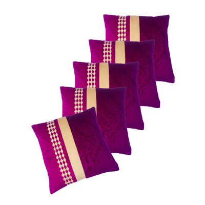 MSenterprises Cushion Cover Purple Burnt Ambose Velvet Patti Cushion Covers Pack of 5(40 x 40 Cms Or 16x16 Inch)