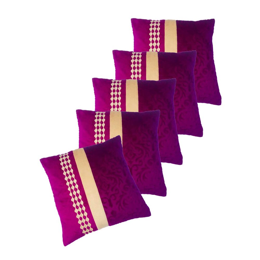 MSenterprises Cushion Cover Purple Burnt Ambose Velvet Patti Cushion Covers Pack of 5(40 x 40 Cms Or 16x16 Inch)