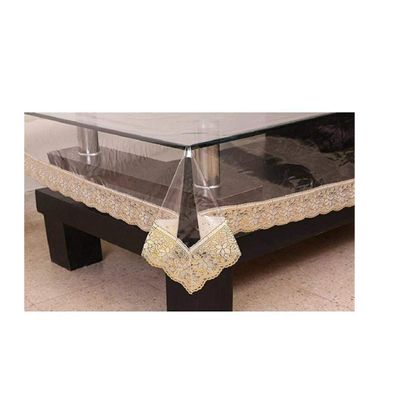 MONKDECOR Plastic 4 Seater Square Table Cover with Bordered Lace (Classic Transparent, Golden , 60X60 Inches, Pack of 1)