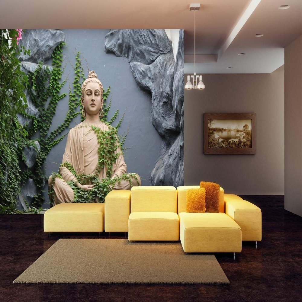 999Store 3D Print Latest Door Living Room Bed Room Home Hall Wall 3d wallpaper for walls Lord Gautam Buddha Budha and Green Leaves Mural wallpaper for walls ( Vinyl Self Adhesive 48X36 Inches ) NonW4301292