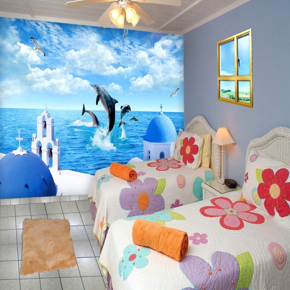 999Store 3D Print Latest Door Living Room Bed Room Home Hall Wall Stickers Sheet roll Wallpaper Scenery Blue Sky and Ocean with Dolphins wallpaper for walls living room ( Vinyl Self Adhesive 60X48 Inches ) NonW540651