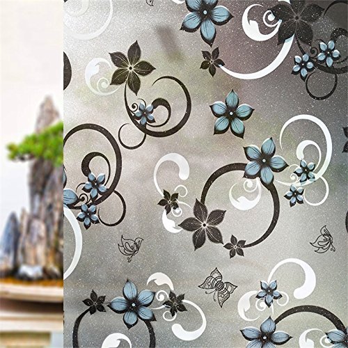 KREEPO Privacy Window Film Printed Blue Flower Window Frosting Film Window Sticker Frosted Vinyl Sheets for Front Door/Bathroom/Sidelight/Small Windows, 12''x84''