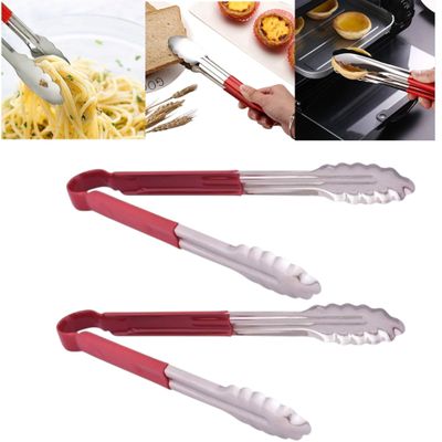 THW 9 Inch Stainless Steel Utility Tongs with Red Vinyl Coated Handle- Heavy Duty Long Kitchen Tongs for Barbecue Grilling Cooking Roasting Serving Buffet Salad Ice Oven, Pack of 2 Pieces