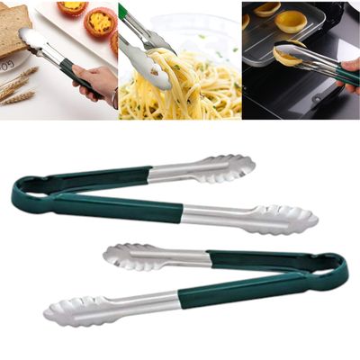THW 9 Inch Stainless Steel Utility Tongs with Green Vinyl Coated Handle- Heavy Duty Long Kitchen Tongs for Barbecue Grilling Cooking Roasting Serving Buffet Salad Ice Oven, Pack of 2 Pieces