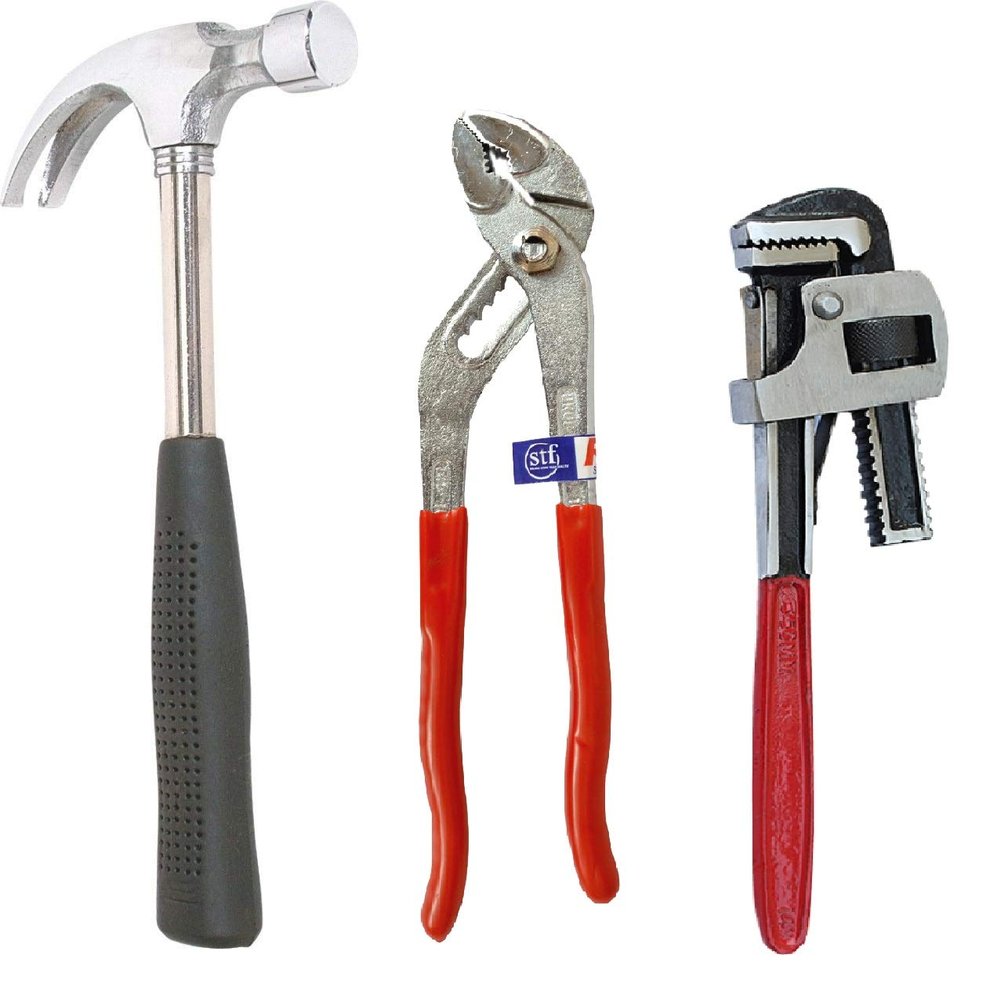 REAL stf Multi Hand Tool Kit3 Pc. - Pipe Wrench Stillson 10", Claw Hammer 1/2 LB Tubular Steel Handle with Rubber Grip, water pump plier slip joint 10''