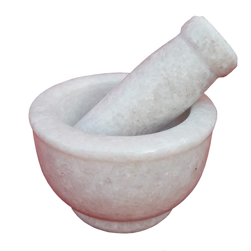Ekam Art White Marble Stone Mortar Pestle Handcrafted Kitchenware Medicine Herb Crusher