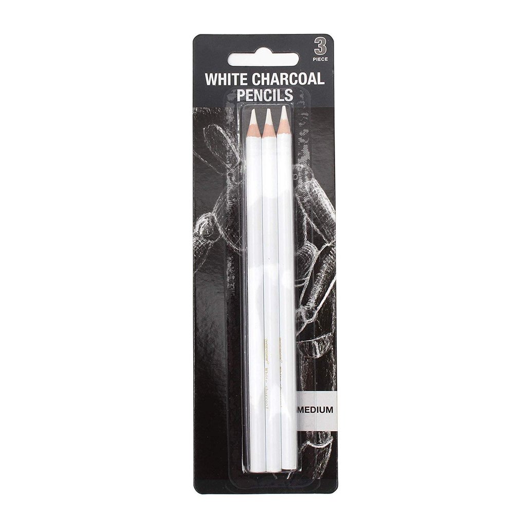 Posh Medium Charcoal Art Drawing Pencils Set, Sketching Pencils for Dark or Tinted Paper - 3 Pcs, White