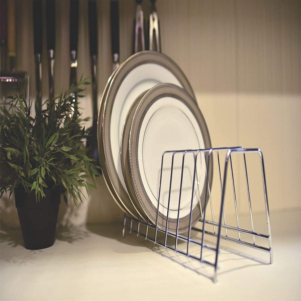 LEVON Stainless Steel Thali Rack | Dish Rack | Plate Stand | Lid Holder Utensil Rack For Kitchen - 6 Sections | With Anti-Rust Nano Coating, 14 X 32 X13 cm