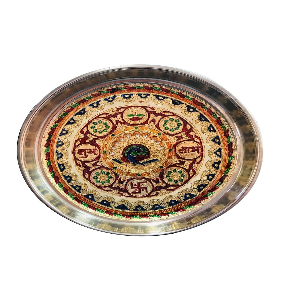rr handicrafts Rakhi Special Jaipuri Pooja Designer Steel Handicraft thali, Standard , golden meenakari work
