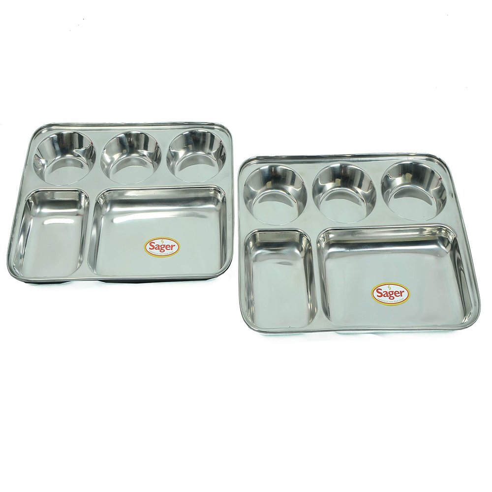 SAGER Stainless Steel Lunch/Dinner Plate/Bhojan Thali 5 in 1 Compartments Set of 2