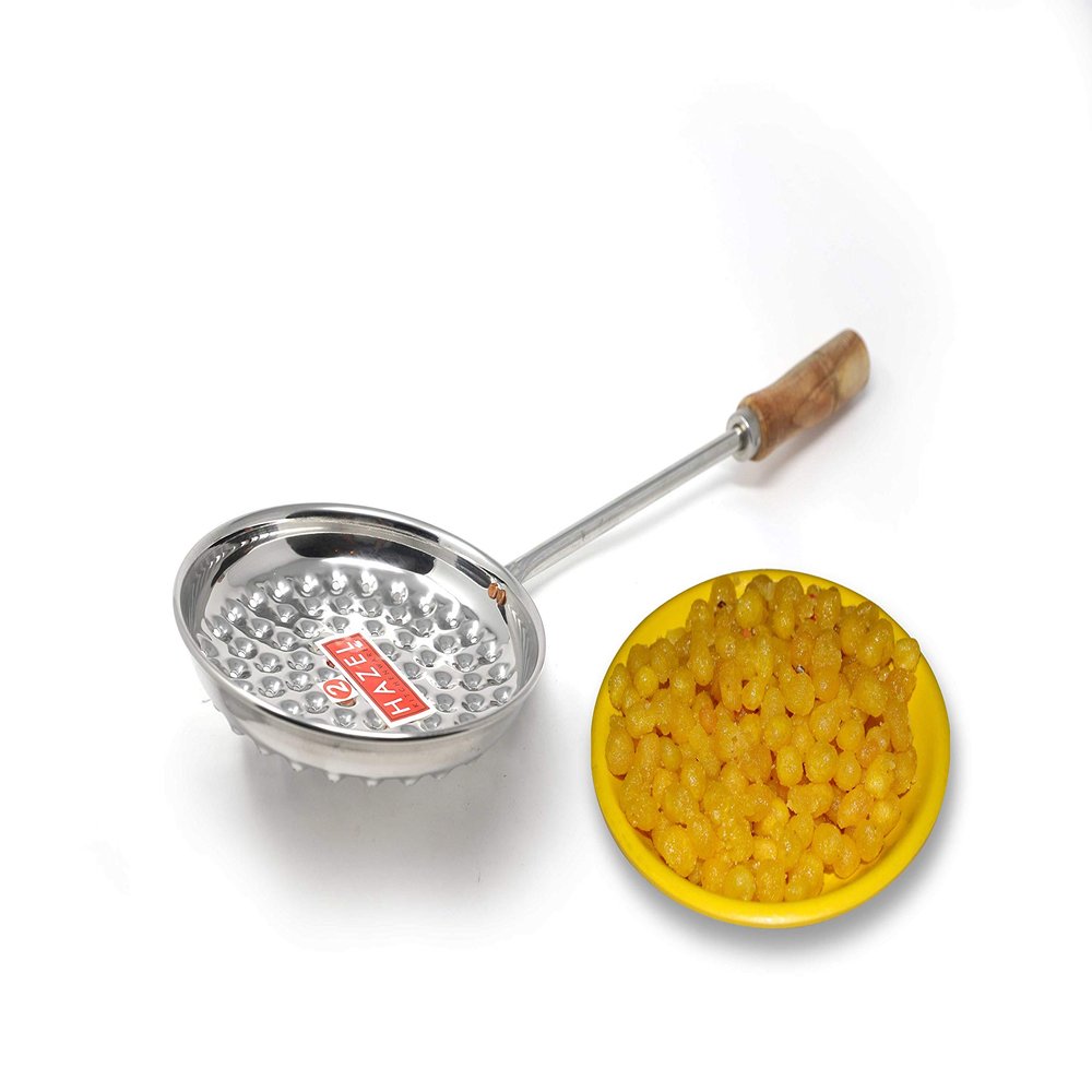 HAZEL Boondi Maker Stainless Steel | 43 x 17 x 6 Centimeters Multipurpose Jhara for Boondi Raita and Laddu Sweets with Wooden Handle for Firm Grip