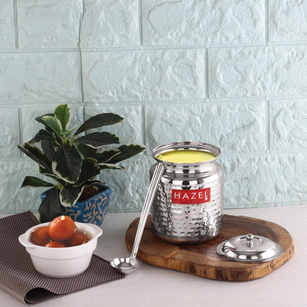 HAZEL Stainless Steel Ghee Container with Spoon | 400 ML Hammered Design Steel Oil Jar with Lid for Kitchen | SS Storage Pot for Cooking