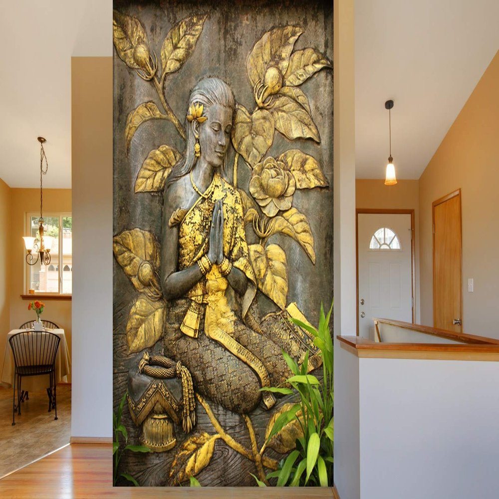 999STORE 3D Print Hall Wall Stickers Sheet roll Floral Flower Golden Flowers and Praying Hands Sitting Lady Mural Wallpapers for Walls (Vinyl Self Adhesive 24X36 Inches) NonW230889