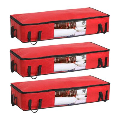 PrettyKrafts Set of 3 Non Woven Underbed Storage Bag with Handles, Clear Window & Zipper Lock | Space Saving/Foldable/Rectangular Quilt, Comforter, Blankets Storage Bag (98x40x19cm, Red)