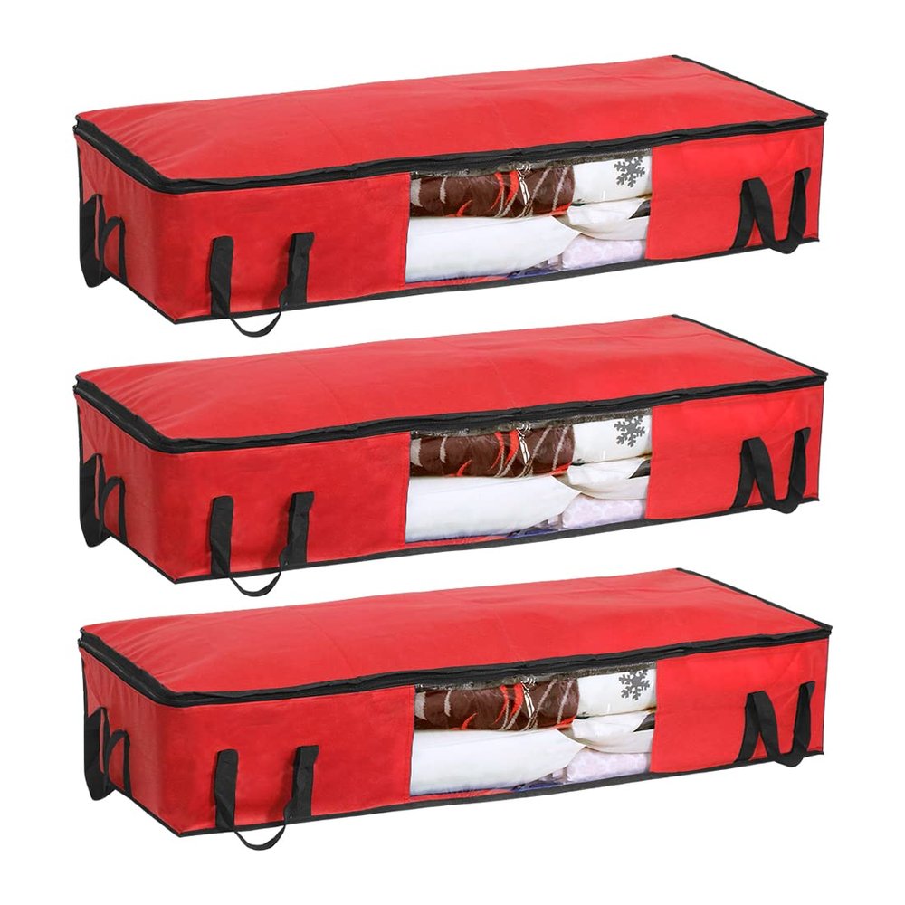 PrettyKrafts Set of 3 Non Woven Underbed Storage Bag with Handles, Clear Window & Zipper Lock | Space Saving/Foldable/Rectangular Quilt, Comforter, Blankets Storage Bag (98x40x19cm, Red)