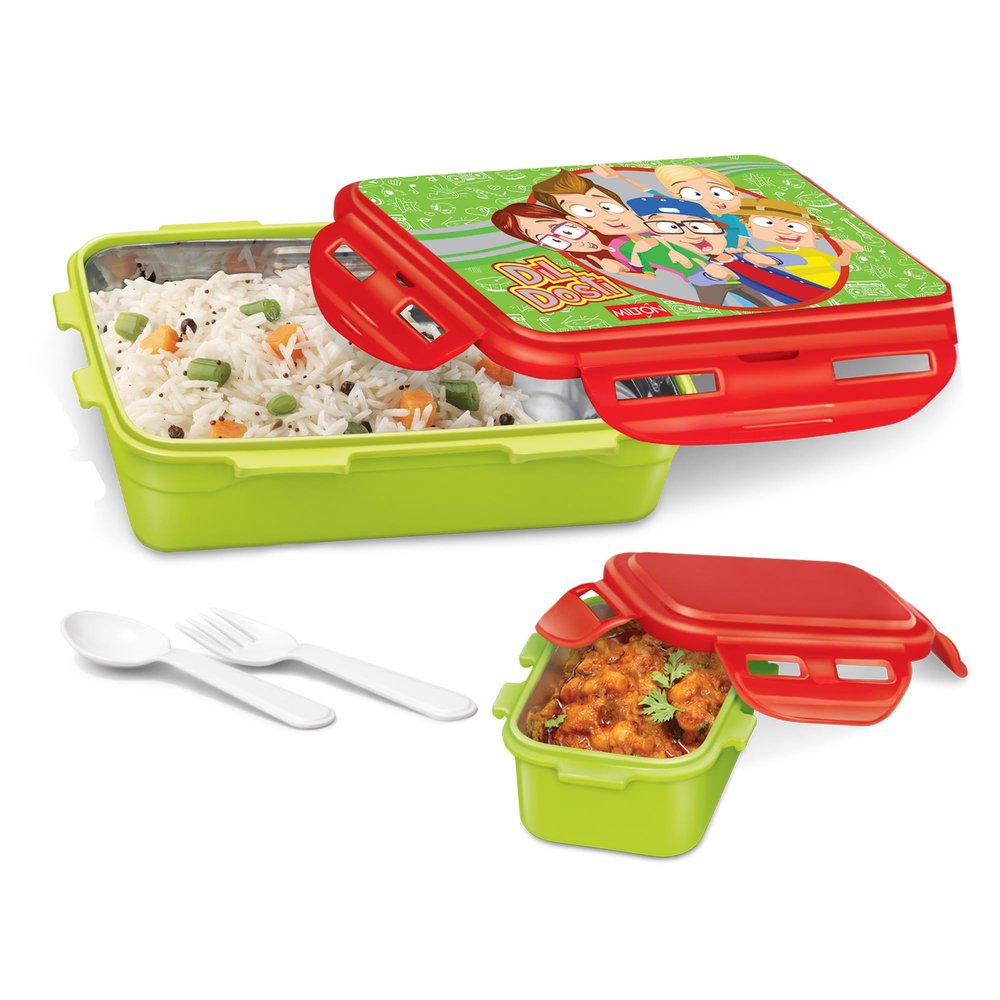 MILTON Mini Fun Treat Lunch Box, Inner Stainless Steel School Kids Tiffin 650 ml, Leak Proof and Airtight Containers with Plastic Spoons, Green