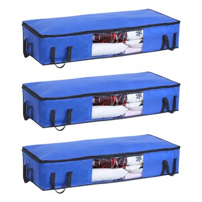 PrettyKrafts Set of 3 Non Woven Underbed Storage Bag with Handles, Clear Window & Zipper Lock | Space Saving/Foldable/Rectangular Quilt, Comforter, Blankets Storage Bag (98x40x19cm, Blue)